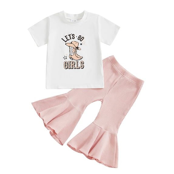 larppty Baby Girls Western Outfits Let's Go Girls Letter Print Retro Romper Ribbed Flared Pants Cowgirls Country Clothes(White, 18-24 Months)