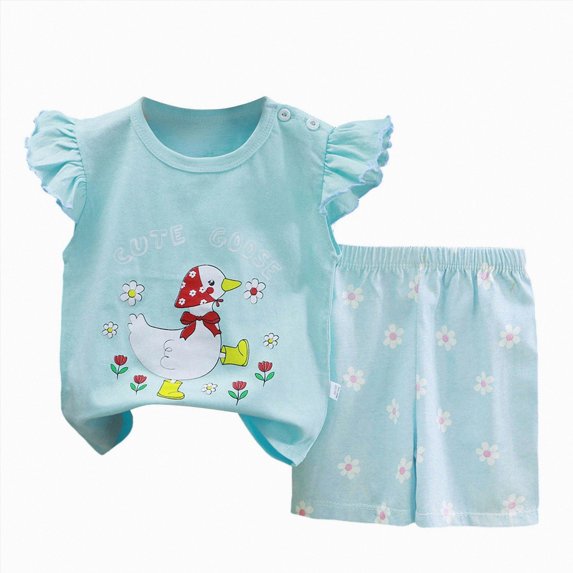 larppty Baby Toddler Girl Summer Clothes Two Piece Graphic Ruffle Sleeve Sleeveless Tee and Soft Shorts Set Outfits Everyday Toddler Print Clothing (Z02-Light Blue, 18-24 Months)