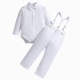 thumbnail image 1 of larppty Baptism Christening Outfit for Boy Baby Clothes Suit Infant Gentleman Wedding Outfit Bowtie Romper Suspender Pants Set (White,12-18 Months), 1 of 7