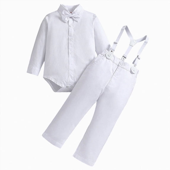 larppty Baptism Christening Outfit for Boy Baby Clothes Suit Infant Gentleman Wedding Outfit Bowtie Romper Suspender Pants Set (White,12-18 Months)
