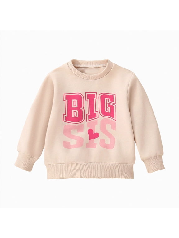 Big Sister Sweatshirt Toddler Girl BIG SIS Chenille Patch Crewneck Pullover Tops Big Sister Gift Shirt Outfit(Beige,18-24 Months)