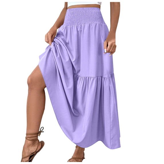 larppty Boho Maxi Skirts for Women 2026 Summer Floral Flowy Ruffle Swing Tiered A Line Long Skirt with Pockets Beach Vacation Outfits(Light Purple, XL)