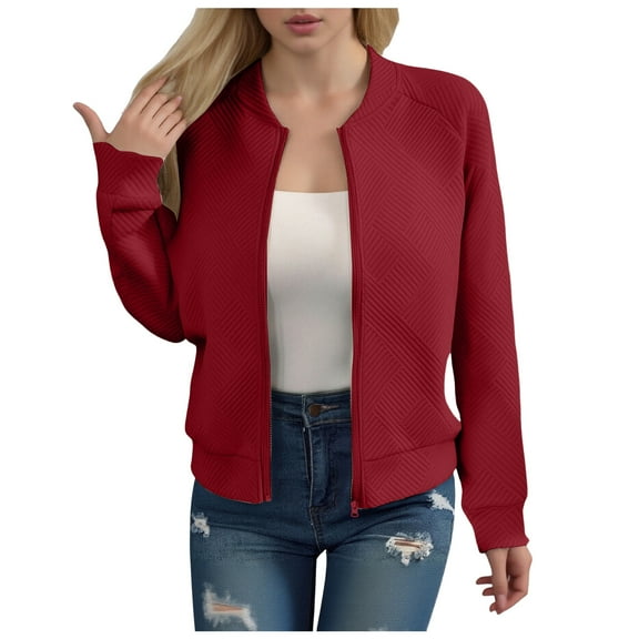 larppty Bomber Jacket for Women Casual Zip Up Lightweight Fall Fashion Outerwear Coats with Pockets (Red, XXL)