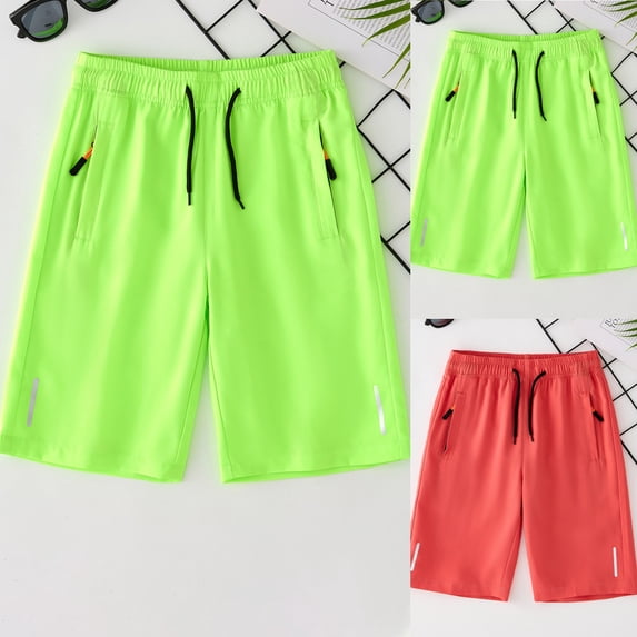 larppty Boys Athletic Shorts with Reflective Strips – Lightweight Quick-Dry Sports Shorts for Kids, Elastic Waist & Zip Pockets, Perfect for Running, Soccer & Summer Play(Green, 8-9 Years)