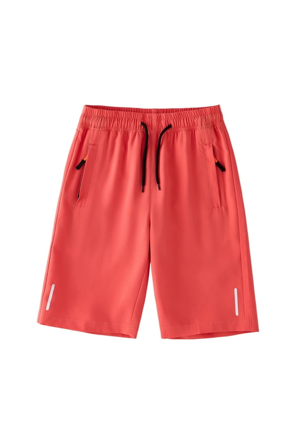 Boys Athletic Shorts with Reflective Strips – Lightweight Quick-Dry Sports Shorts for Kids, Elastic Waist & Zip Pockets, Perfect for Running, Soccer & Summer Play（Watermelon Red， 9-10 Years）