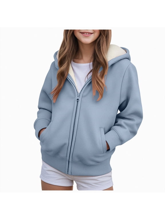 Boys Girls Fleece Lined Zip Hoodie Sweatshirt Fall Winter Warm Sherpa Jacket Fluffy School Uniform Sweater (Blue,11-12 Years)