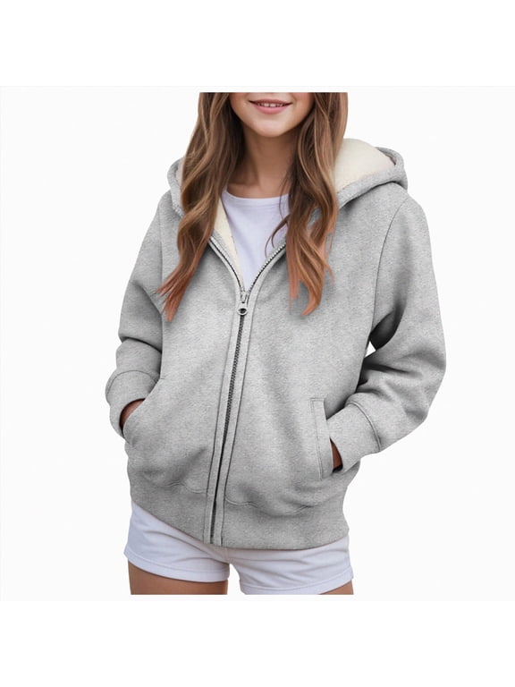 Boys Girls Fleece Lined Zip Hoodie Sweatshirt Fall Winter Warm Sherpa Jacket Fluffy School Uniform Sweater (Light Gray,9-10 Years)