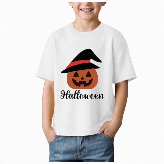 larppty Boys Girls Halloween T-Shirts Halloween Pumpkin Shirts Kids Ghost Trick or Treat Boo Print Tops Tees 1-14 Years (White,5-6 Years)