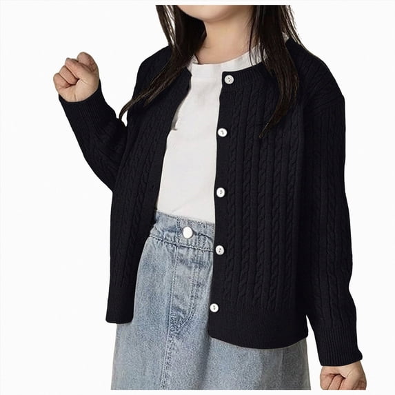 larppty Boys & Girls Solid Knit Cable Cardigan Sweater Round Neck Long Sleeve Button Up School Warm Tops Coat(Black,2-3 Years)
