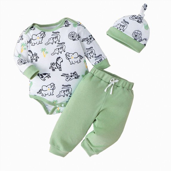 larppty Boys Outfit Dinosaur Romper Outfit Pants Hat 3 Piece Set | Dinosaur Print Romper, Matching Pants, Hat Included, 3 Piece Set, Infant Cute Outfit