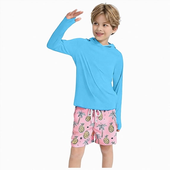 larppty Boys Rash Guard Hooded Fishing Shirt, Kids UPF 50+ Long Sleeve Sun Hoodie, Youth UV Protection Beach Swim Shirts(11-12 Years,Sky Blue)