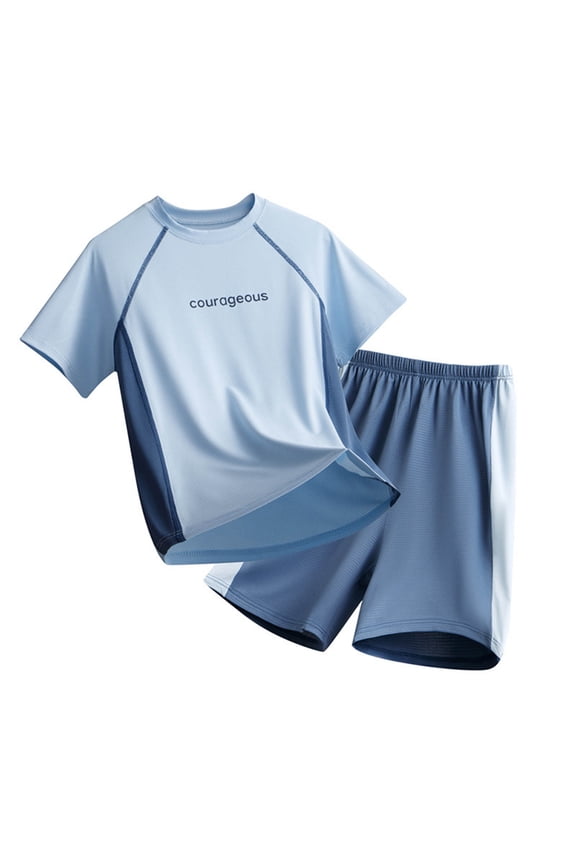 Boys Rash Guard Set for Boys 2 Piece Swimsuits Short Sleeve Bathing Suits with Trunks Quick Dry Swim Shirts (Blue,7-8 Years)