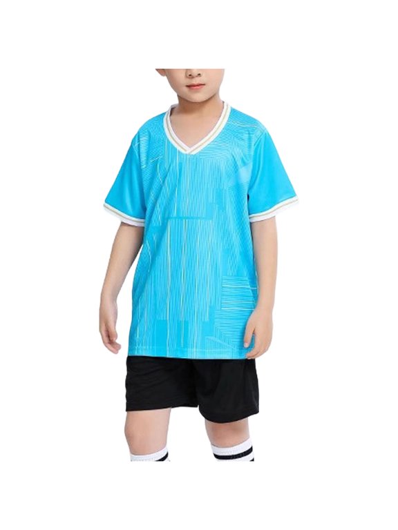 Boys Short Sleeve V-Neck Athletic Shirt + Black Shorts, Breathable Quick Dry Sport Uniform for Football, Basketball, Badminton 3-10Y(Light Blue, 7-8 Years)
