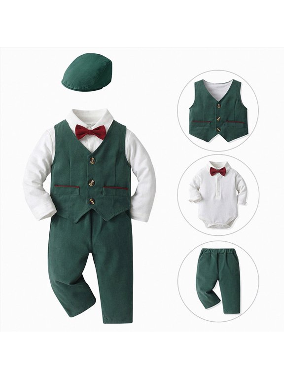 Boys Suit Tuxedo Clothes Set Baby Boy Formal Outfits | Gentleman Wedding Ring Bearer Boy Dress Outfit Easter Long Sleeves (Green,12-18 Months)