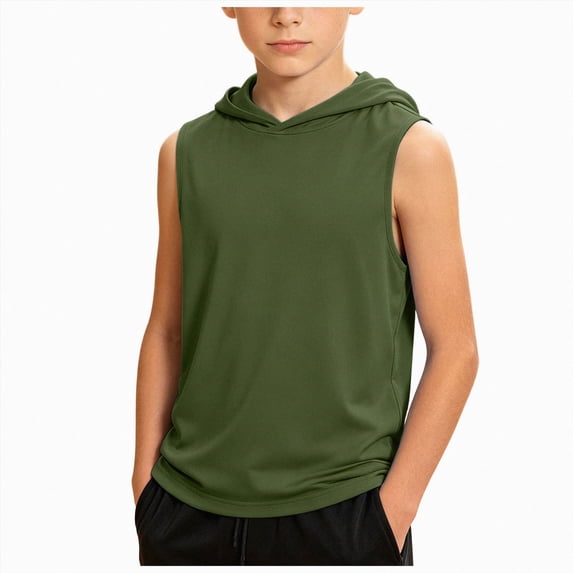 larppty Boys' Tank Tops Sleeveless Athletic Hoodies Pullover Sports Workout Basic T-Shirts Kids 5-15 Years Teens(5-6 Years,Army Green)