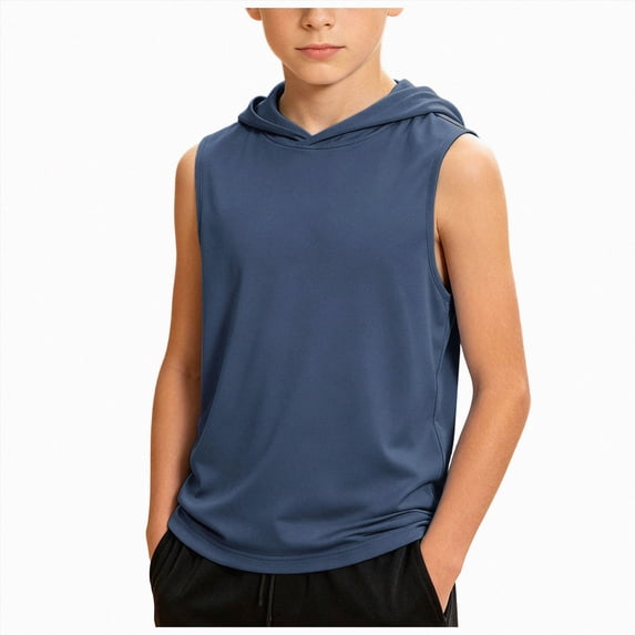 larppty Boys' Tank Tops Sleeveless Athletic Hoodies Pullover Sports Workout Basic T-Shirts Kids 5-15 Years Teens(5-6 Years,Navy)
