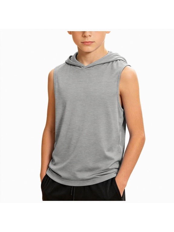 Boys' Tank Tops Sleeveless Athletic Hoodies Pullover Sports Workout Basic T-Shirts Kids 5-15 Years Teens(7-8 Years,Grey)