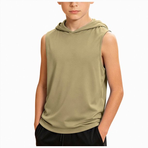 larppty Boys' Tank Tops Sleeveless Athletic Hoodies Pullover Sports Workout Basic T-Shirts Kids 5-15 Years Teens(7-8 Years,Khaki)