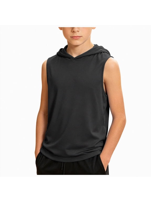 Boys' Tank Tops Sleeveless Athletic Hoodies Pullover Sports Workout Basic T-Shirts Kids 5-15 Years Teens(9-10 Years,Black)