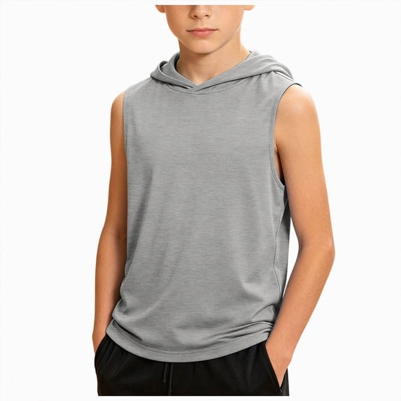larppty Boys' Tank Tops Sleeveless Athletic Hoodies Pullover Sports Workout Basic T-Shirts Kids 5-15 Years Teens(9-10 Years,Grey)