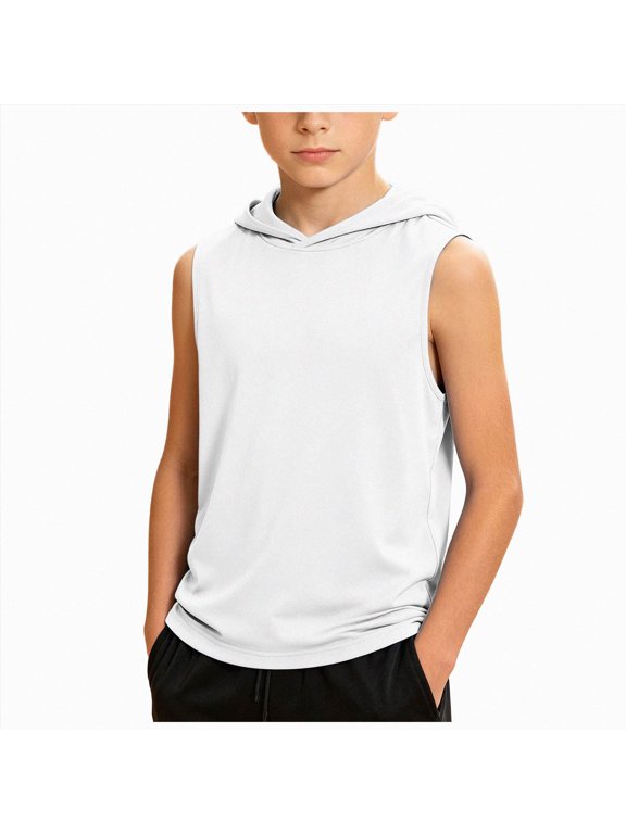 Boys' Tank Tops Sleeveless Athletic Hoodies Pullover Sports Workout Basic T-Shirts Kids 5-15 Years Teens(9-10 Years,White)