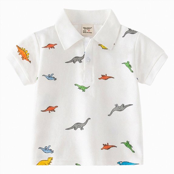 larppty Boys' Tops Toddler Baby Boys Short Sleeve Polo T-Shirt Cute Cartoon Dinosaur Print Tops Button Baby Boy Clothes Shacket(2-3 Years,White)