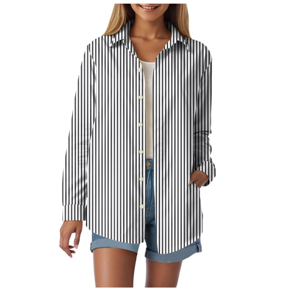 larppty Button Down Shirt for Women Long Sleeve Business Dressy Casual Blouses Collared Work Tops Outfits Clothes (Black, XL)