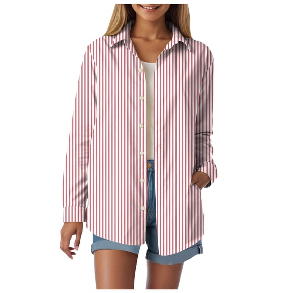 larppty Button Down Shirt for Women Long Sleeve Business Dressy Casual Blouses Collared Work Tops Outfits Clothes (Red, M)