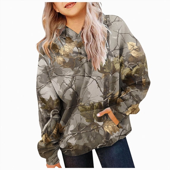 larppty Camo Hoodie Kids Cute Hoodies Maple Leaf Print Oversized Drop Shoulder Fleece Hooded Sweatshirt Pullover with Pocket (11-12 Years,Grey)