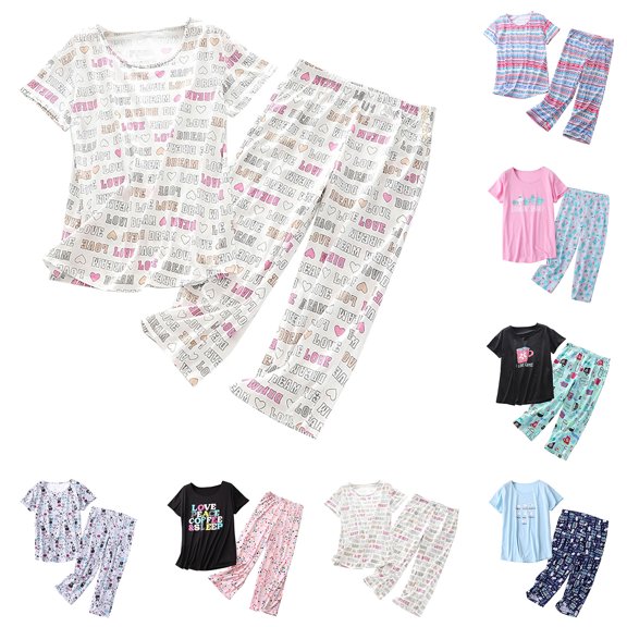larppty Capri Pajamas for Women Set Plus Size Short Sleeve Sleepwear Tops with Capri Pants Funny Cartoon Print Casual Pjs Set（Light Pink，L）