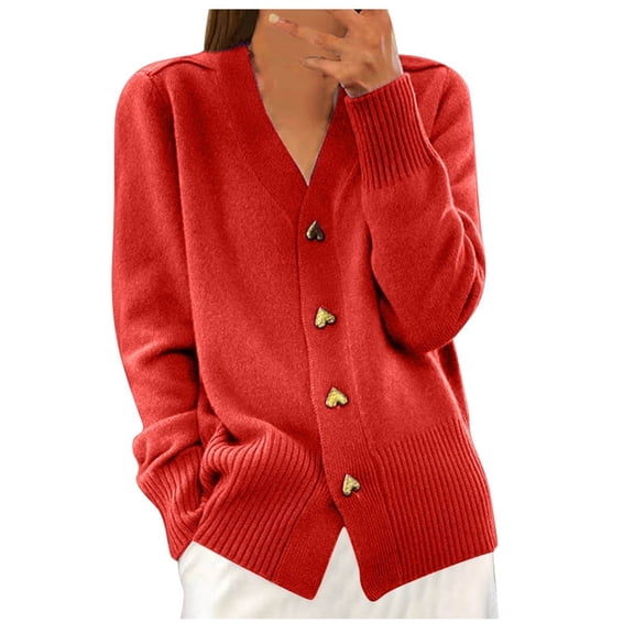 larppty Cardigan Sweaters for Women 2025 Fall Fashion Long Sleeve Heart Button Down Trendy Winter Sweater Jacket Knitwear (Red, M)