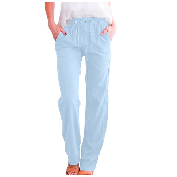 larppty Casual Cotton Linen Lounge Pants for Women - Plus Size Elastic Waist Lightweight Relaxed Fit Solid Trousers（Light Blue，XL）