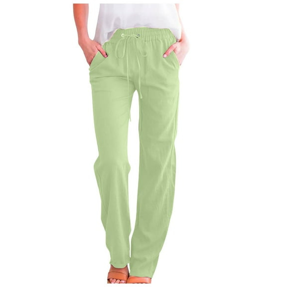 larppty Casual Cotton Linen Lounge Pants for Women - Plus Size Elastic Waist Lightweight Relaxed Fit Solid Trousers（Light Green，XL）