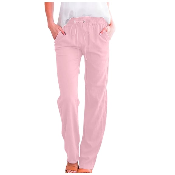 larppty Casual Cotton Linen Lounge Pants for Women - Plus Size Elastic Waist Lightweight Relaxed Fit Solid Trousers（Pink，XXXL）