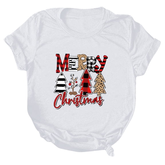 larppty Christmas Graphic Crew Neck Shirt for Women Casual Holiday Short Sleeve Tee Xmas Funny Printed Festival Vacation Tshirt Tops (White, M)