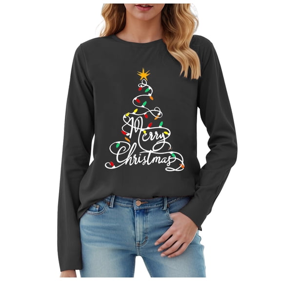 larppty Christmas Shirt Women Merry Christmas Pullover Lights Graphic T Shirts Xmas Long Sleeves Tops (Grey, L)