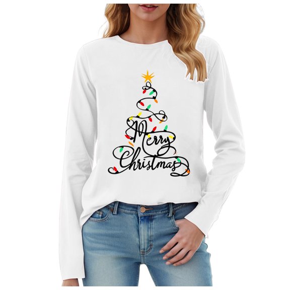larppty Christmas Shirt Women Merry Christmas Pullover Lights Graphic T Shirts Xmas Long Sleeves Tops (White, 3XL)