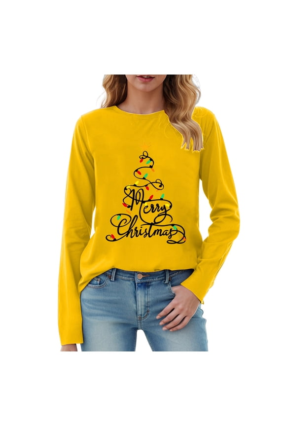 Christmas Shirt Women Merry Christmas Pullover Lights Graphic T Shirts Xmas Long Sleeves Tops (Yellow, 3XL)