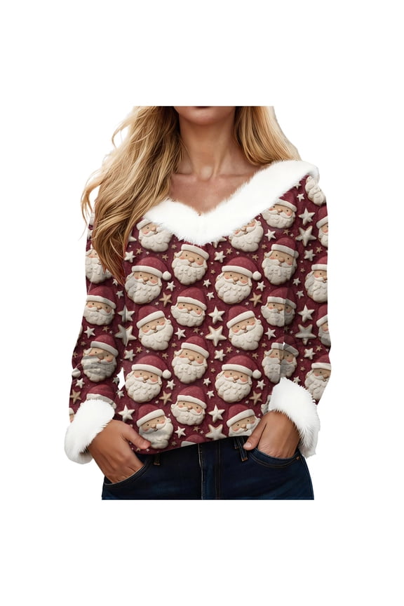 Christmas Shirt Women Sexy Plush Fur Trim Vneck Xmas Top Holiday Party Blouses Long Sleeve Pullover Christmas Costume (Brick Red, 4XL)