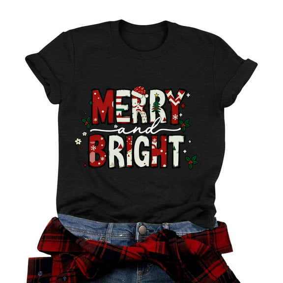 larppty Christmas Shirt for Women Merry and Bright Xmas Holiday T-Shirt Casual Tops (Black, L)