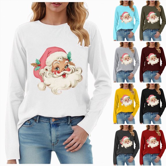 larppty Christmas Shirt for Women Novelty Pink Santa Xmas Graphic Long Sleeve Holiday Pullover Tops (Wine, S)