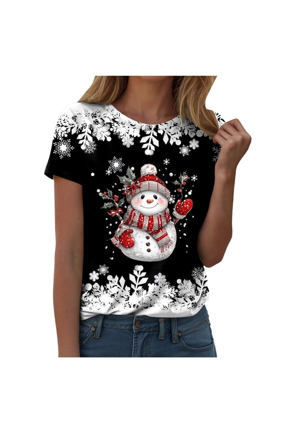 Christmas Shirts Women Snowflake Snowman Christmas Tshirt Funny Merry Xmas Graphic Tee Tops (Black, S)