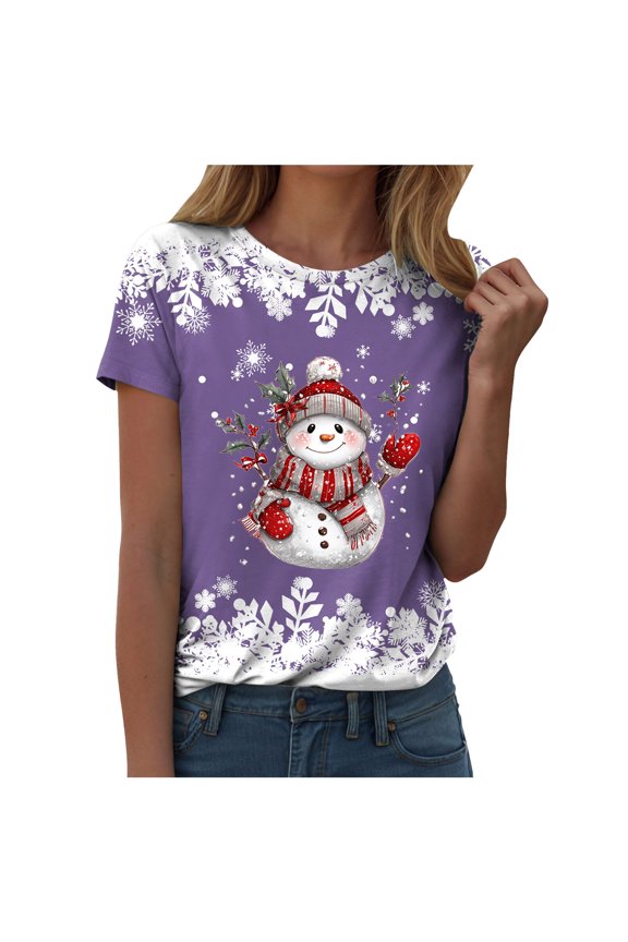 Christmas Shirts Women Snowflake Snowman Christmas Tshirt Funny Merry Xmas Graphic Tee Tops (Purple, XL)