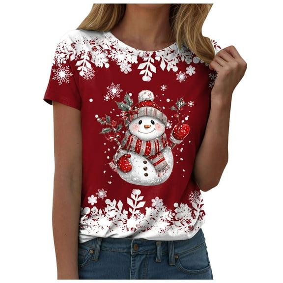 larppty Christmas Shirts Women Snowflake Snowman Christmas Tshirt Funny Merry Xmas Graphic Tee Tops (Red, XL)
