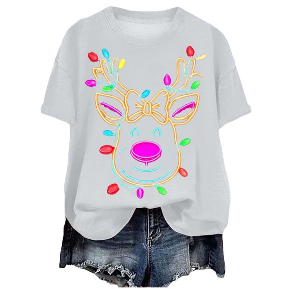 larppty Christmas Shirts for Women 2025,Christmas Reindeer Print Xmas Holiday Tees Cute Graphic Short Sleeve Tops (White, XL)
