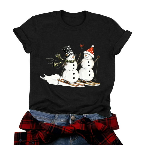 larppty Christmas Shirts for Women 2025 Family Snowmen Graphic T Shirts Short Sleeve Funny Xmas Holiday Print Tee Tops (Black, XL)