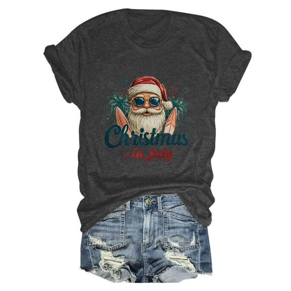 larppty Christmas Shirts for Women 2025 Loose Fit Santa Graphic Tees Party Tshirt Vacation Tops (Grey, XXL)