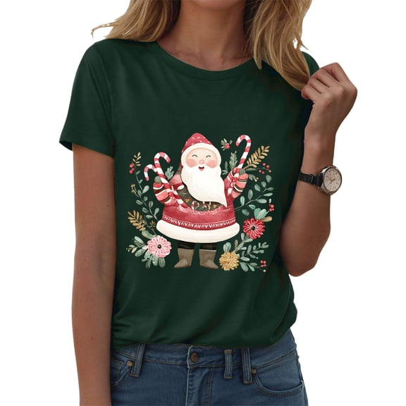 larppty Christmas Shirts for Women 2025 Short Sleeve Santa Claus Funny Holiday Print T-Shirts Graphic Tee Tops (Dark Green, S)