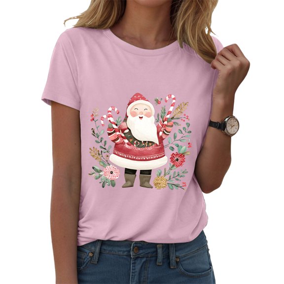 larppty Christmas Shirts for Women 2025 Short Sleeve Santa Claus Funny Holiday Print T-Shirts Graphic Tee Tops (Pink, XXL)
