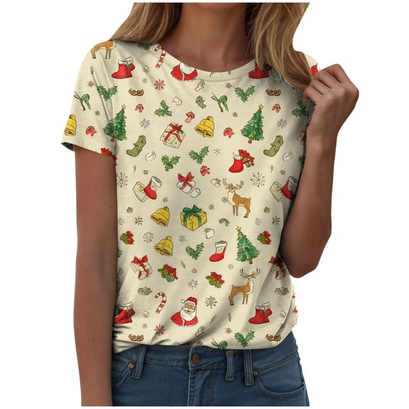 larppty Christmas Shirts for Women Christmas Tshirts Xmas Short Sleeve Graphic Tees Holiday Tops 2025 (Beige, L)